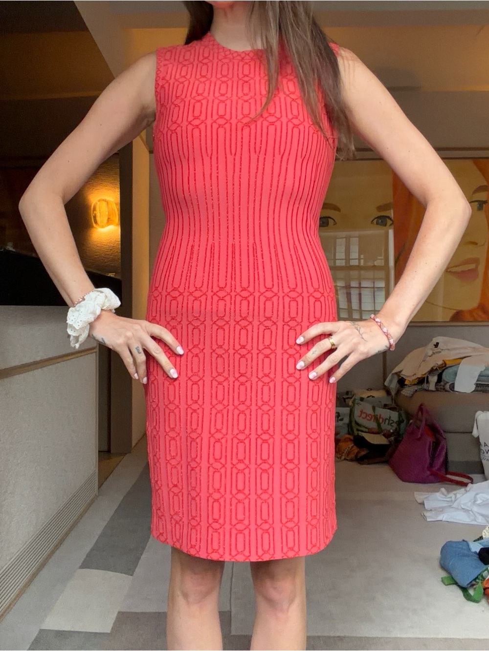 Alaïa Sleeveless Coral-Red Patterned Knit Sheath Dress